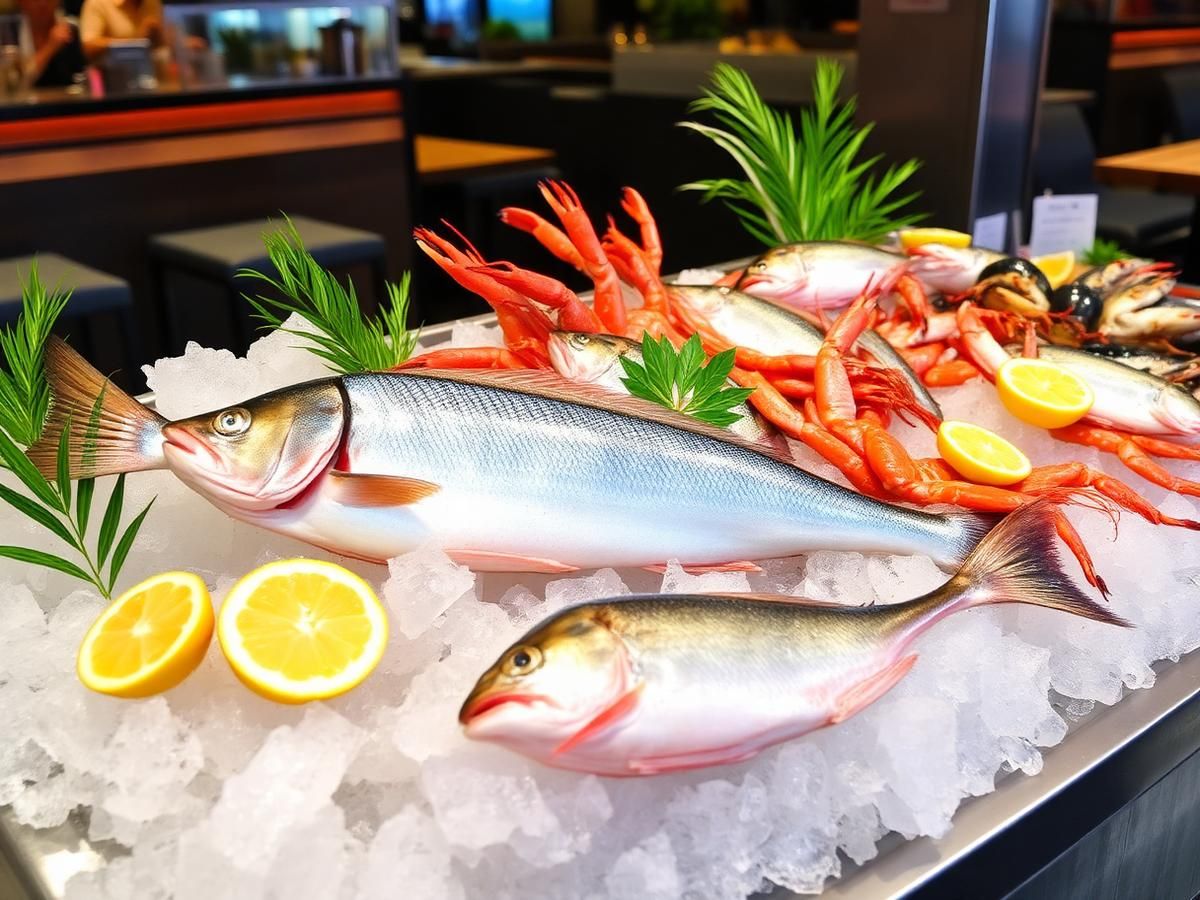 Fresh kingfish, prawns and crab on ice