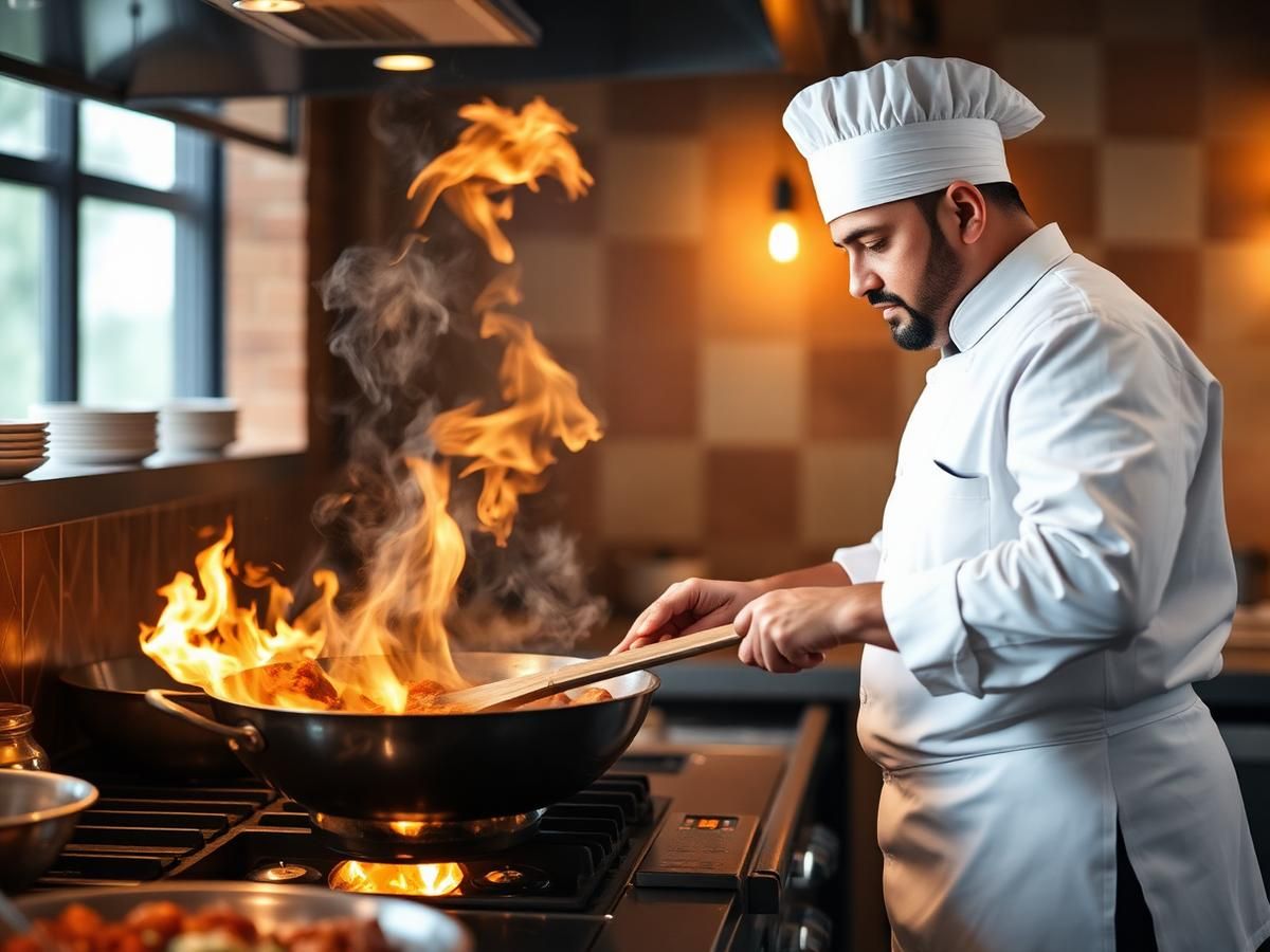 Chef tossing masala over an open flame at Shalas