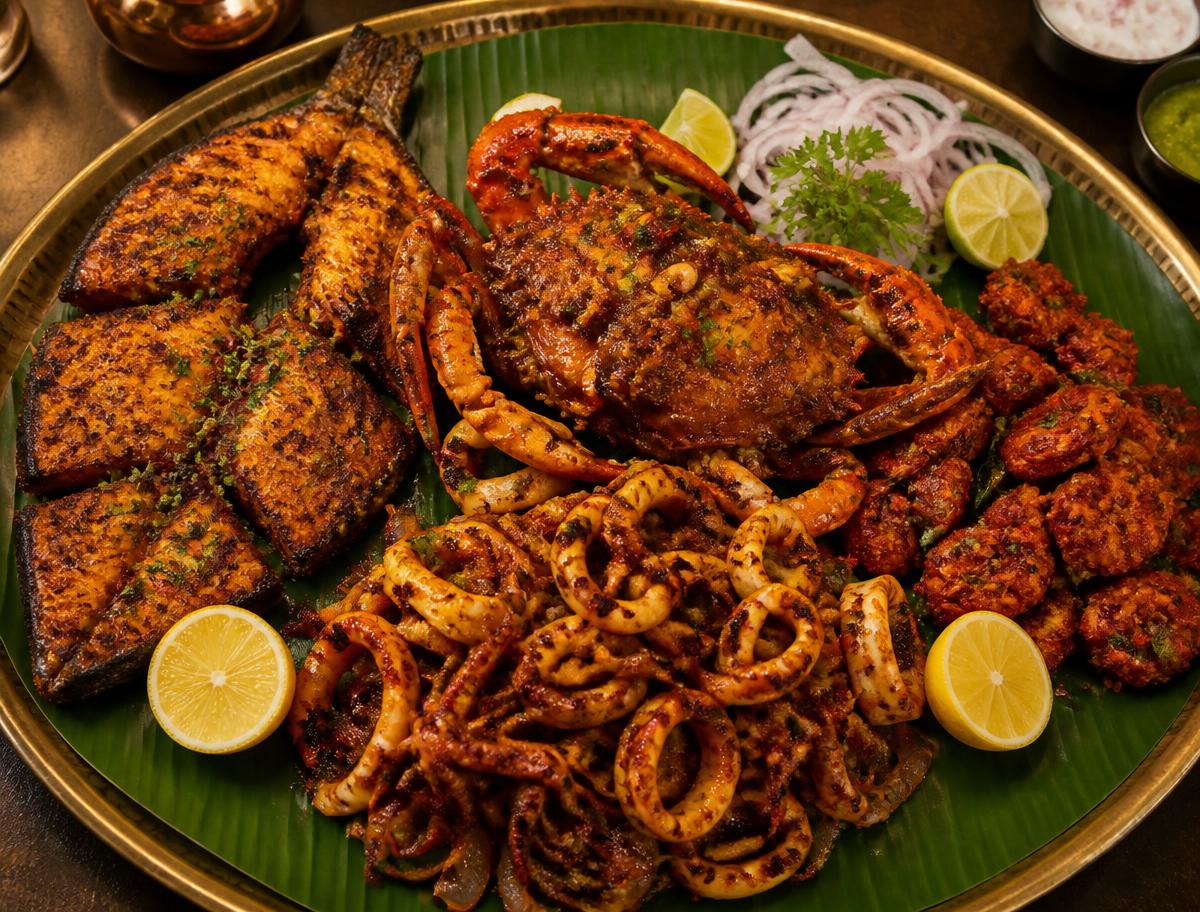 Coastal seafood platter on a banana leaf