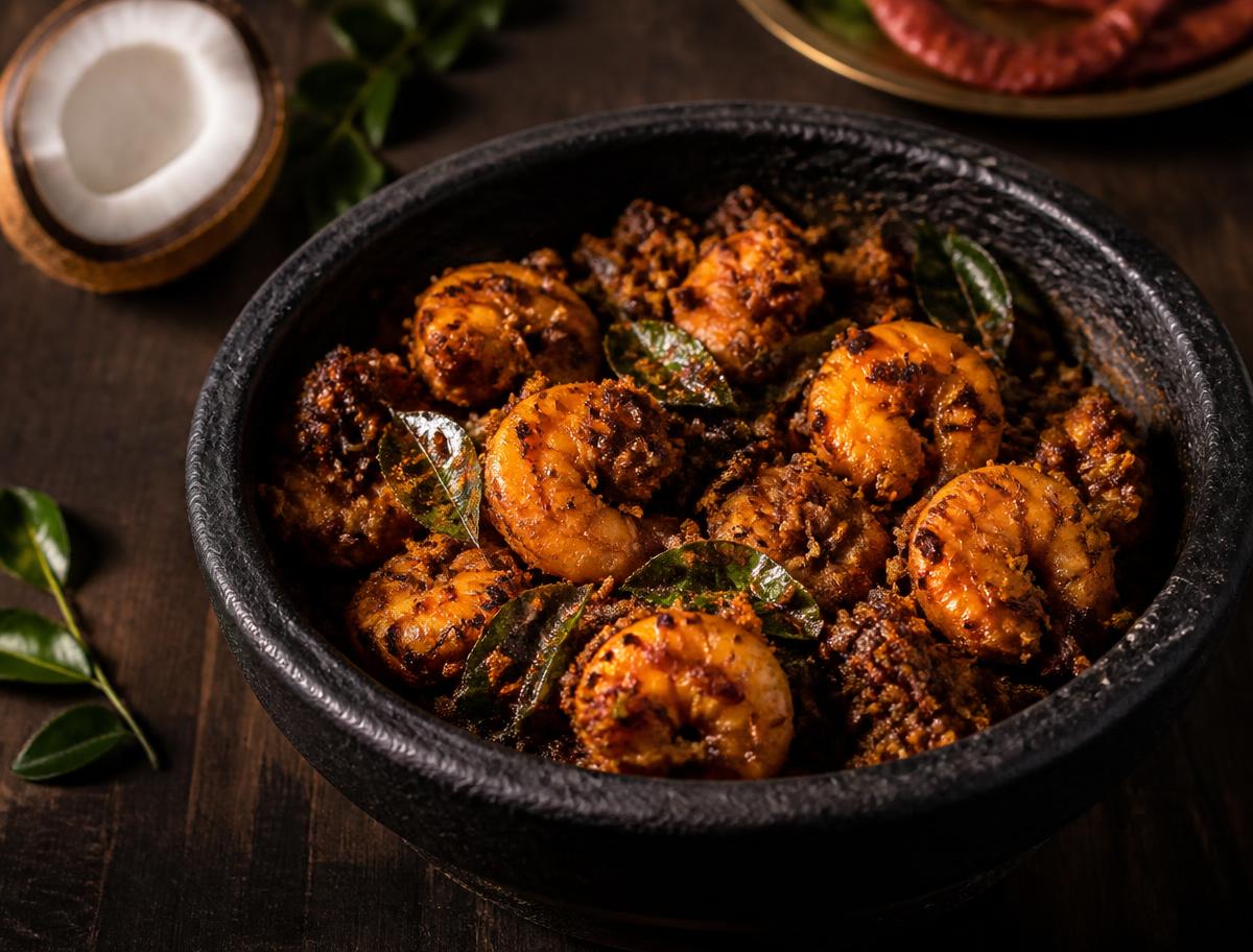 Prawns sukka with coconut and curry leaves